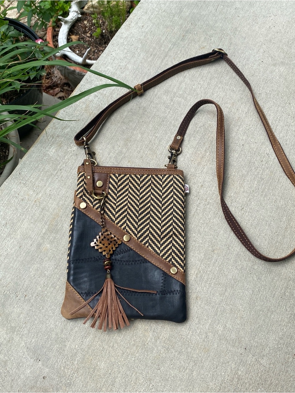 Vaan & Co. Brown & Black Leather Crossbody Bag with Tassel Accent